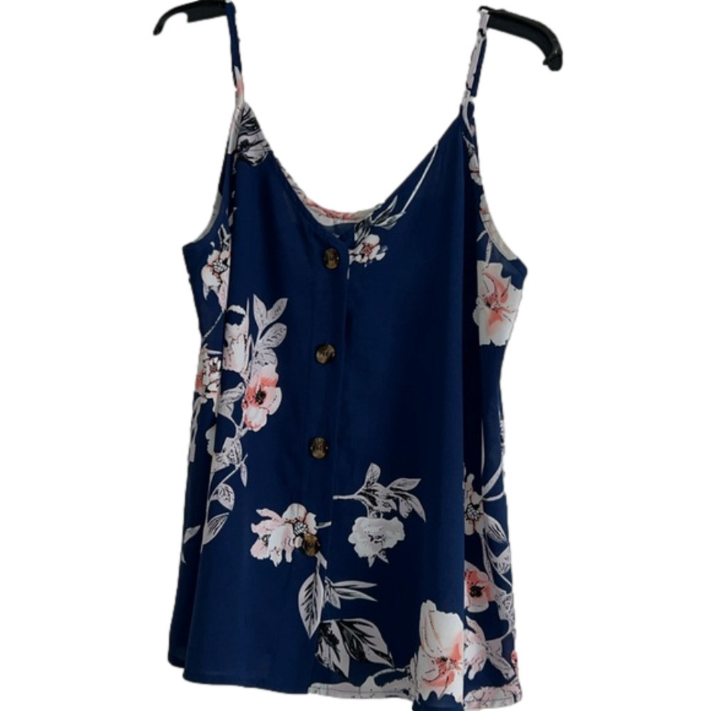 Floral navy blue, white, & pink button down tank top Large adjustable straps